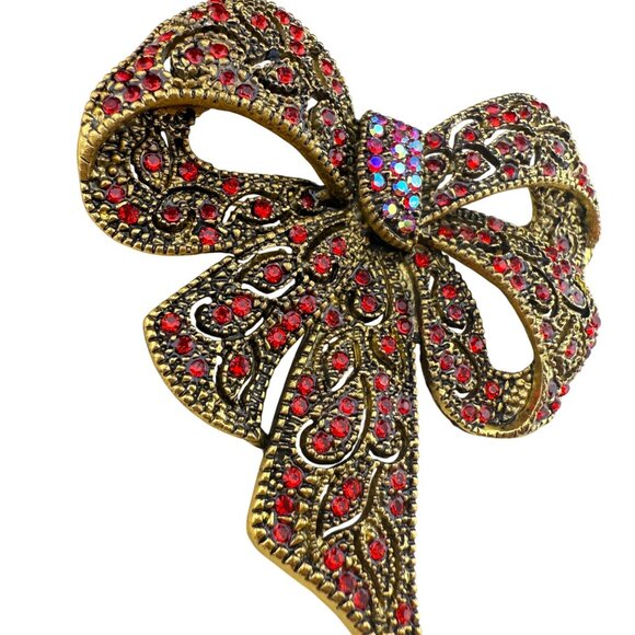 Sparkling Bow Brooch Red Rhinestones Gold-Tone Metal Elegant Statement Pin Acces - Picture 2 of 5